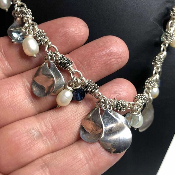 2067 Michael Dawkins Sterling 925 Pearl Blue Topaz Petal Necklace 20" 54.8grams - Picture 5 of 5